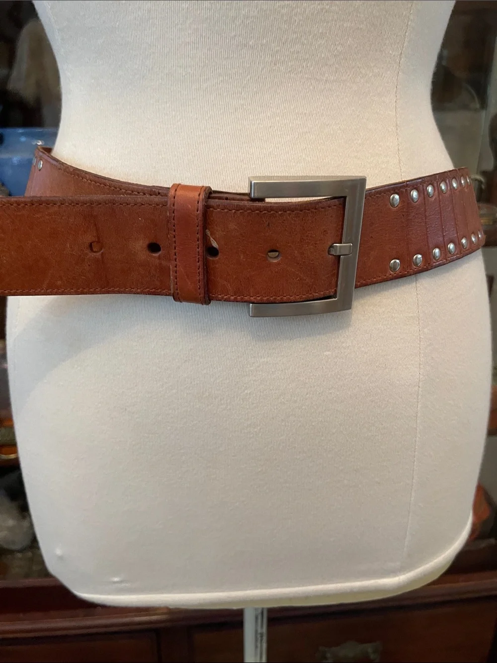 Kenneth Cole Brown Leather Studded Belt with Silver Buckle